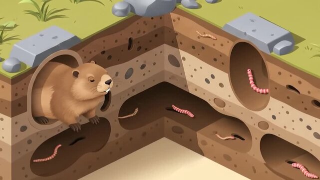 Isometric illustration of groundhog burrow system with earth layers
