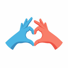 Fototapeta premium Two gloved hands, one blue and one red, form a heart shape, symbolizing love, care, and support. Ideal for healthcare, solidarity, or Valentine's Day themes.