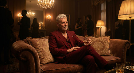 Elegant mature man in a luxury burgundy suit sitting on a velvet sofa with a glass of whiskey at a party