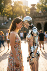 Conceptual portrait of a young woman and a silver humanoid robot touching foreheads in a sunny park