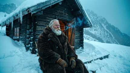 Senior man with a long white beard in a fur coat smoking a pipe in front of a wooden cabin in the snow.