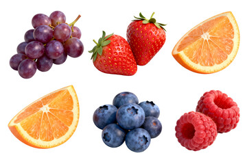 Fresh Mixed Berries and Citrus Fruits on White