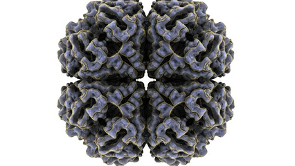 Intricate blue and gold protein molecule structure with symmetrical arrangement isolated on a transparent background