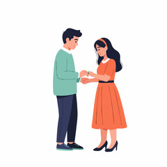 Fototapeta premium Sweet illustration of a man proposing marriage to a woman with an engagement ring, symbolizing love and commitment.