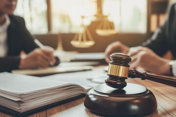 A gavel sits on a desk next to an open book and scales of justice.