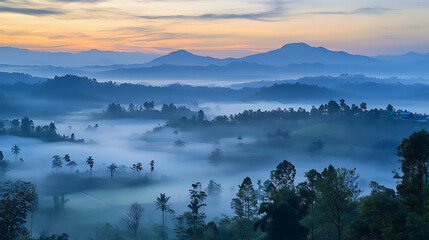 Fototapeta premium Beautiful Foggy Mountain Landscape with Trees