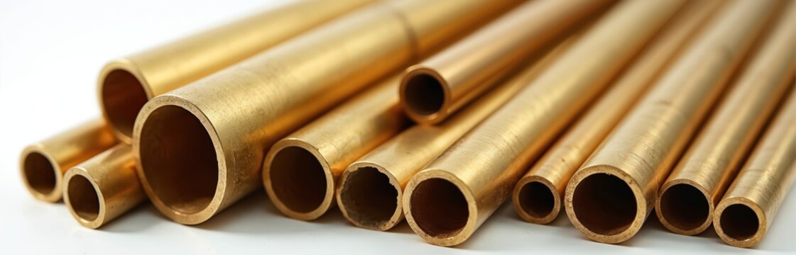 Group of brass tubes in varying sizes, diameters laid out on clean white surface. Metallic golden sheen reflects light subtly, hinting at industrial applications, decorative potential in many