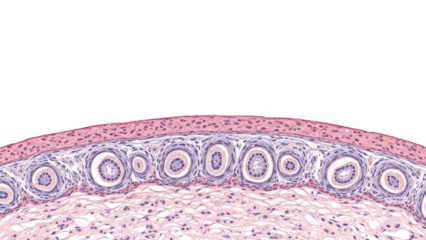 Microscopic view of mammalian skin cross section showing hair follicles and epidermal layers isolated on a transparent background