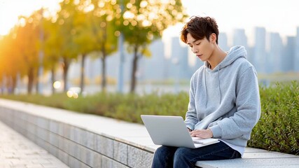Young man working on laptop outdoors in urban park during golden hour