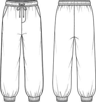 Vector Flat Technical Sketch of Jogger Pants with Elastic Waistband Drawstring and Ribbed Cuffs for Fashion Design Template