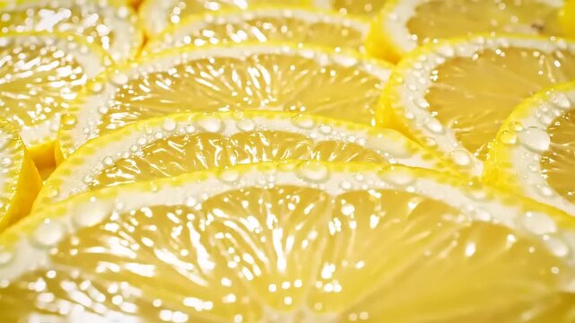 Close up of fresh lemon slices with water drops on white background