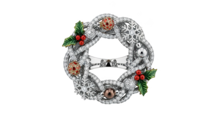 Ornate silver ring designed as a Christmas wreath with holly berries snowflakes and baubles isolated on a transparent background