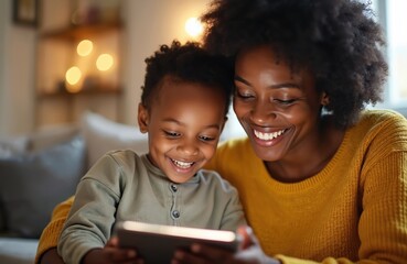 African mother and child use tablet together. They smile looking screen in cozy room. Parent and kid watch cartoons online. Mom teach son to use gadgets at home.