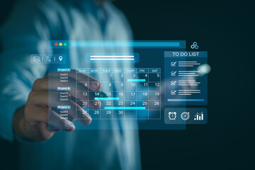 Business Plan Calendar Agenda work schedule and Project management concept, Businessman manages time for effective working with Calendar on virtual screen, Reminder appointment.