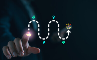 Business and Project Roadmap Concept, Touching on virtual screen with roadmap overlay representing steps in a project or strategic planning process, Waypoint with goal achievement.