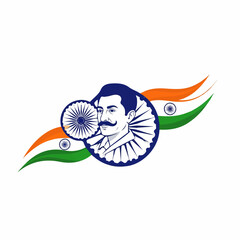 Graphic illustration of an Indian historical figure, possibly a freedom fighter, framed by Ashoka Chakras and the vibrant colors of the Indian flag, symbolizing national pride and heritage.