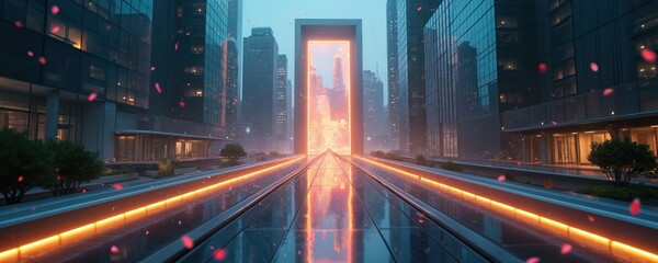 Fototapeta premium Urban corridor with buildings. Modern futuristic cityscape with light portal. Tech innovation concept architecture passage. Abstract transport passage with neon lights. Creative imagination of city