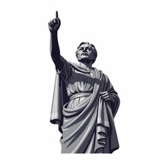 Grayscale vector illustration of a classical statue, a figure in a toga pointing dramatically upwards, symbolizing inspiration, leadership, and aspiration.