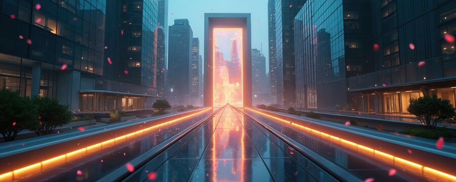 Urban corridor with buildings. Modern futuristic cityscape with light portal. Tech innovation concept architecture passage. Abstract transport passage with neon lights. Creative imagination of city