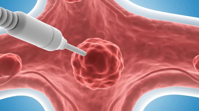 Medical probe targeting a tumor or abnormal growth within a biological tissue network, illustrating a precise therapeutic or diagnostic intervention.
