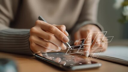 Close-up of a person's hands interacting with a smartphone and digital interface on the screen with a blurred background. - Powered by Adobe