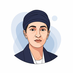 Vector illustration of a woman wearing a blue turban and blazer, featuring a modern, clean design. Ideal for diversity, professional, or cultural themes.