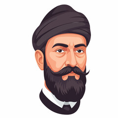 Vector illustration of a man with a dark beard, prominent mustache, and a turban, depicted in a stylized, modern cartoon art style. He wears a suit with a tie.
