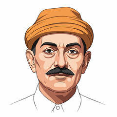 Vector illustration of a man with a prominent mustache and an orange traditional turban, depicted in a stylized portrait. Ideal for cultural, historical, or educational themes.