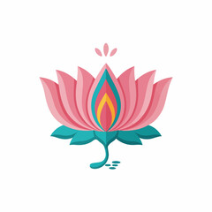 A vibrant, stylized lotus flower illustration with pink petals, teal leaves, and a colorful center, symbolizing peace, purity, and spiritual growth. Perfect for design projects.