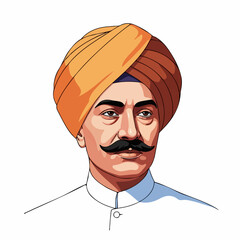 Vector illustration of a man with a prominent mustache wearing a traditional orange turban and white shirt, representing South Asian culture and heritage.