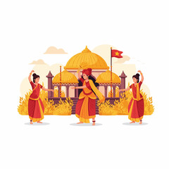 Women perform a traditional Indian dance in front of a majestic golden temple, celebrating culture, devotion, and spirituality with vibrant costumes and graceful movements.