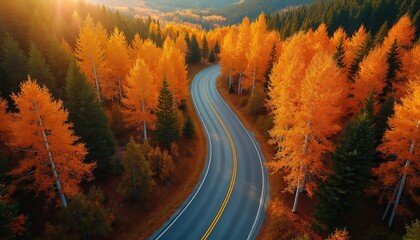 Aerial view winding road amidst colorful forest in fall. Scenic autumn landscape features rich trees with foliage. Road curves through nature. Sunlight filters creating seasonal beauty for travel