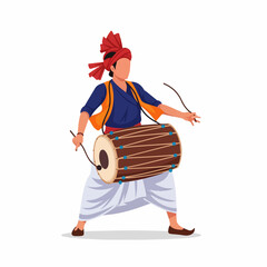 Vibrant vector illustration of a person in traditional Indian attire playing a Dholak drum, depicting cultural music, celebration, and folk art. Ideal for cultural events.