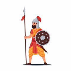 A bearded ancient warrior in a helmet with a plume, holding a spear and a round shield, depicted in a flat cartoon illustration style on a white background.