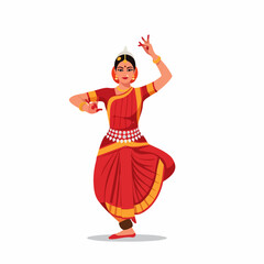 Vibrant illustration of an Indian classical dancer in traditional red attire, performing an elegant pose with expressive hand gestures.