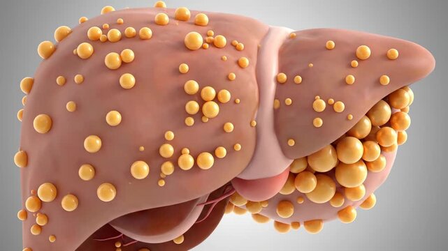 A detailed 3D medical illustration of a human liver affected by fatty deposits, showing numerous yellow globules on its surface and within its structure.