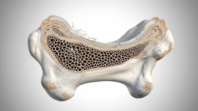 Detailed cross-section of a bone showing its internal structure with compact and spongy bone tissue.