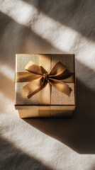 Tall minimalist shot: gift box casting soft shadow, neutral background, copy space.