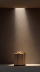 Vertical product mockup: single gift box under soft spotlight, large empty space above.