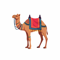 Vibrant illustration of a dromedary camel adorned with a colorful, ornate saddle and harness, isolated on white. Perfect for cultural, travel, or desert-themed designs.