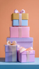 Vertical luxury gift packaging on pastel background, editorial marketing style.