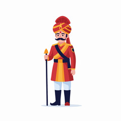 A flat illustration of an Indian royal guard or soldier in traditional red and gold uniform with a turban and staff, on a white background.