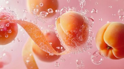 A juicy, ripe apricot floating in dynamic splashes of water against a soft pink background. A fresh, fruity concept for modern advertising. Generative AI.