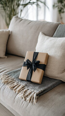 Gift on sofa with blanket in lower frame, vertical airy composition with copy space.