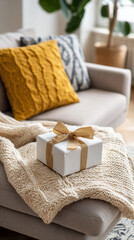 Gift on sofa with blanket in lower frame, vertical airy composition with copy space.