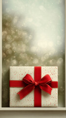 Gift box slightly opened at bottom of vertical frame, airy background.