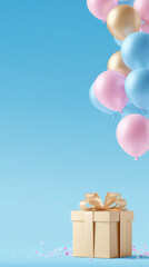 Gift box placed in lower third of vertical frame, airy background, marketing mockup style.