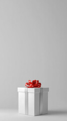 Gift box placed in lower third of vertical frame, airy background, marketing mockup style.