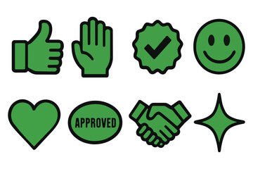Green thumbs up heart approved handshake smiley star symbol open palm