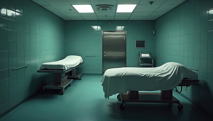 Sterile autopsy room with two covered gurneys. Metal door and medical equipment in a dimly lit mortuary setting. Cold, somber, clinical atmosphere.
